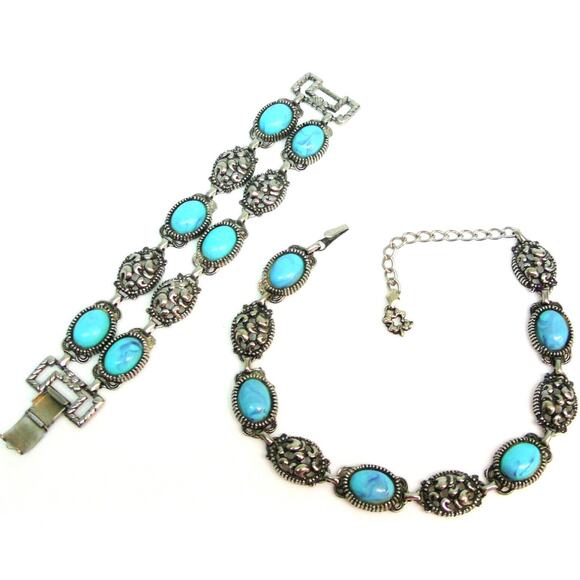 VTG Turquoise BRACELET & NECKLACE Choker Set Turqurenite Stone & Silver Plate - Picture 6 of 6